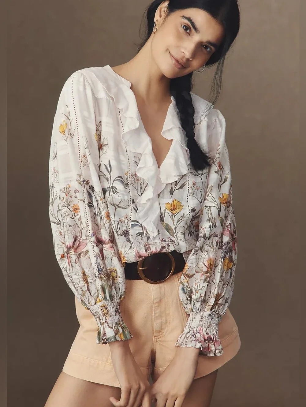 Anthropologie White Floral Ruffle V-Neck Blouse